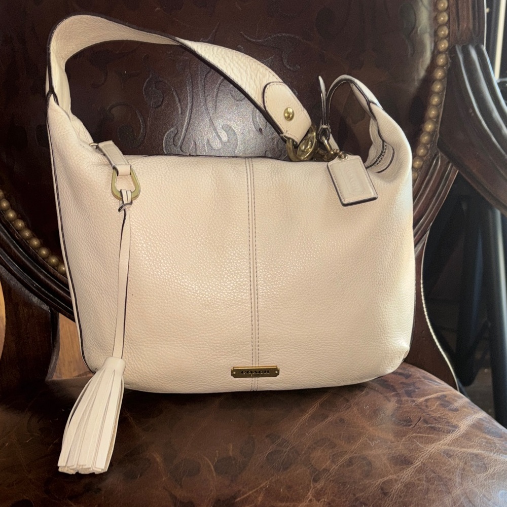 Coach Cream Pebbled Leather Hobo Bag with Tassel